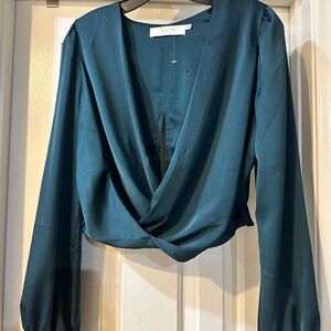 ASTR Teal Satin Draped Wrap Long-Sleeve Top